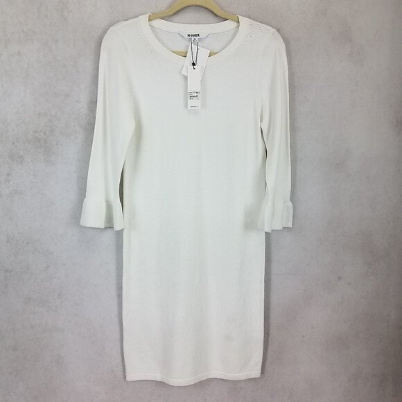 BB Dakota Size M Knit Dress with 3/4 Ruffled Sleeve Ivory White New with flaws - Picture 1 of 13